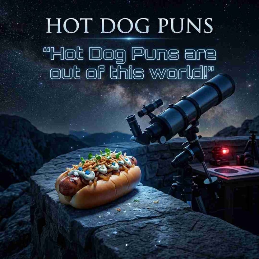 Outer-space-inspired Hot Dog Puns image featuring a gourmet hot dog, telescope, and starry night atmosphere in realistic photography style.