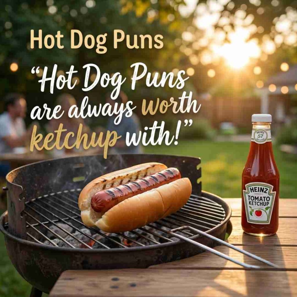 Summer grilling scene with a gourmet hot dog, ketchup bottle, and Hot Dog Puns text displayed in warm sunset lighting.