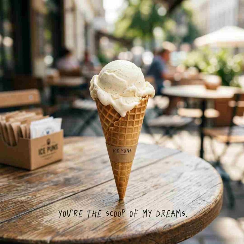 Funny ice puns featured with a realistic ice cream cone on a sunny outdoor café table.