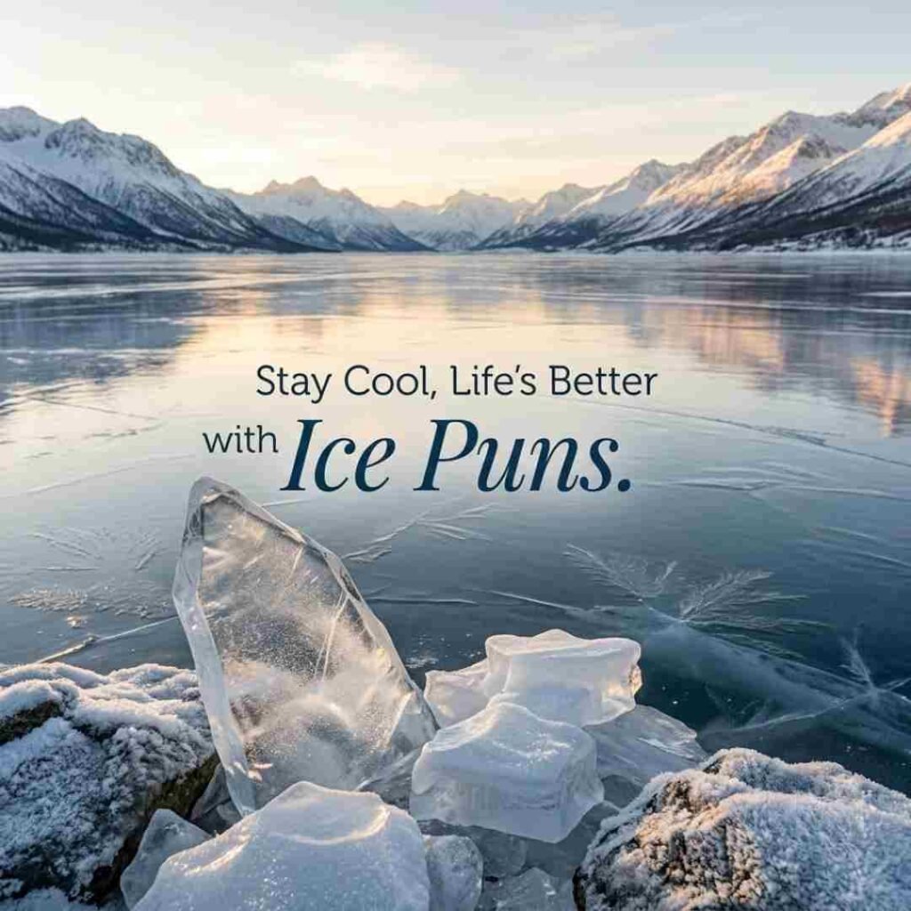 Best ice puns displayed on a crystal-clear frozen lake with snowy mountains and warm sunrise reflections.