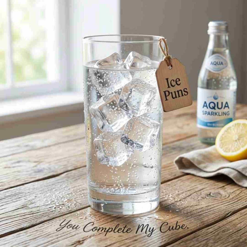 Clever ice puns with crystal-clear ice cubes in a refreshing drink on a wooden table.