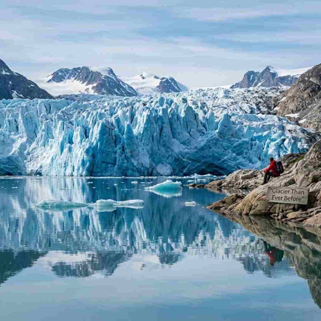 Glacier ice puns showcased with blue ice formations and peaceful Arctic scenery.