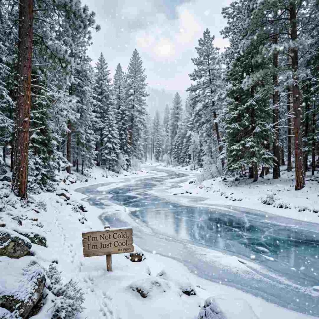 Frozen-themed ice puns on a realistic winter river surrounded by snowy pine trees.