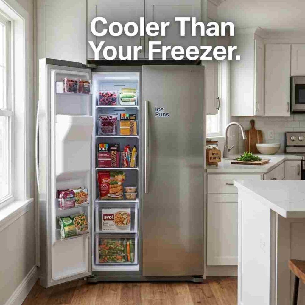 Freezer-themed ice puns in a realistic modern kitchen with cool frozen storage.