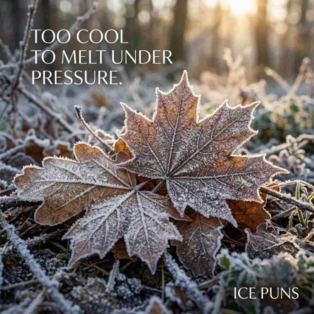Frost-inspired ice puns with frozen leaves and sparkling winter morning sunlight.