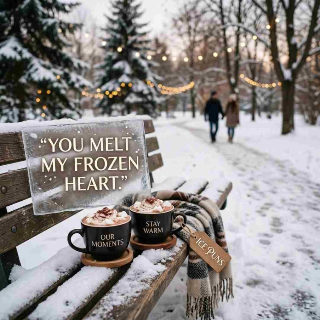 Flirty ice puns with cozy hot chocolate and a romantic snowy park setting.