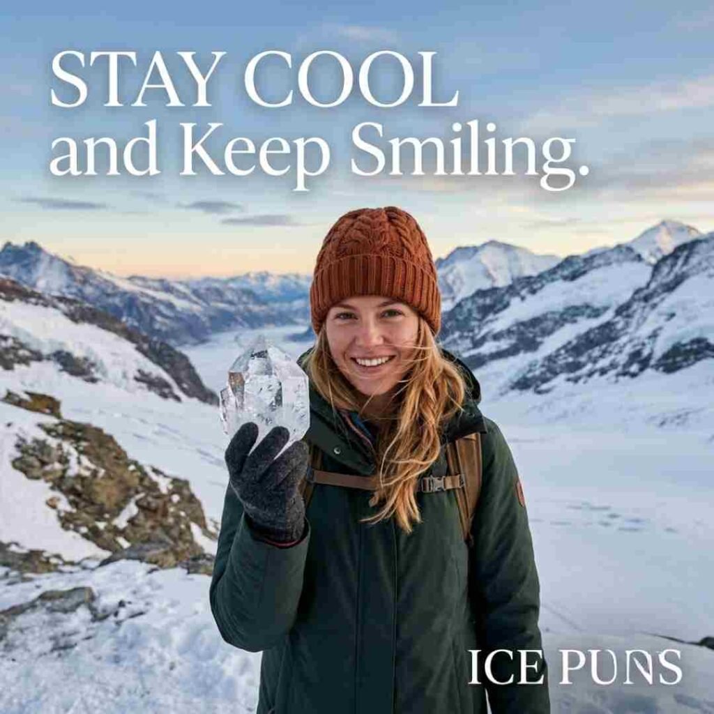 Ice puns for Instagram featuring a sparkling ice crystal and scenic snowy mountains.