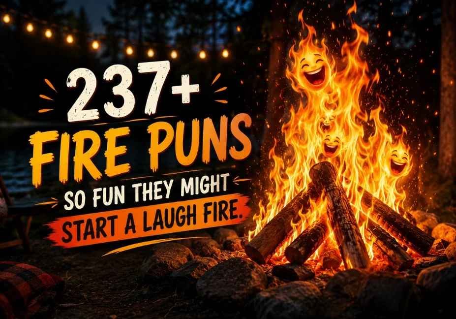 Laugh-out-loud fire puns artwork featuring a realistic campfire, smiling flames, and glowing sparks under the night sky