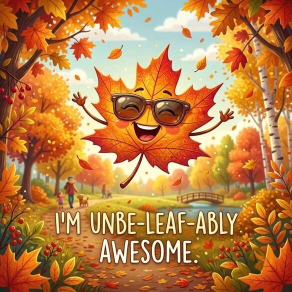 Funny cartoon leaf wearing sunglasses and laughing while floating through a colourful autumn park filled with orange, yellow, and red leaves, featuring the quote “I'm unbe-leaf-ably awesome.”