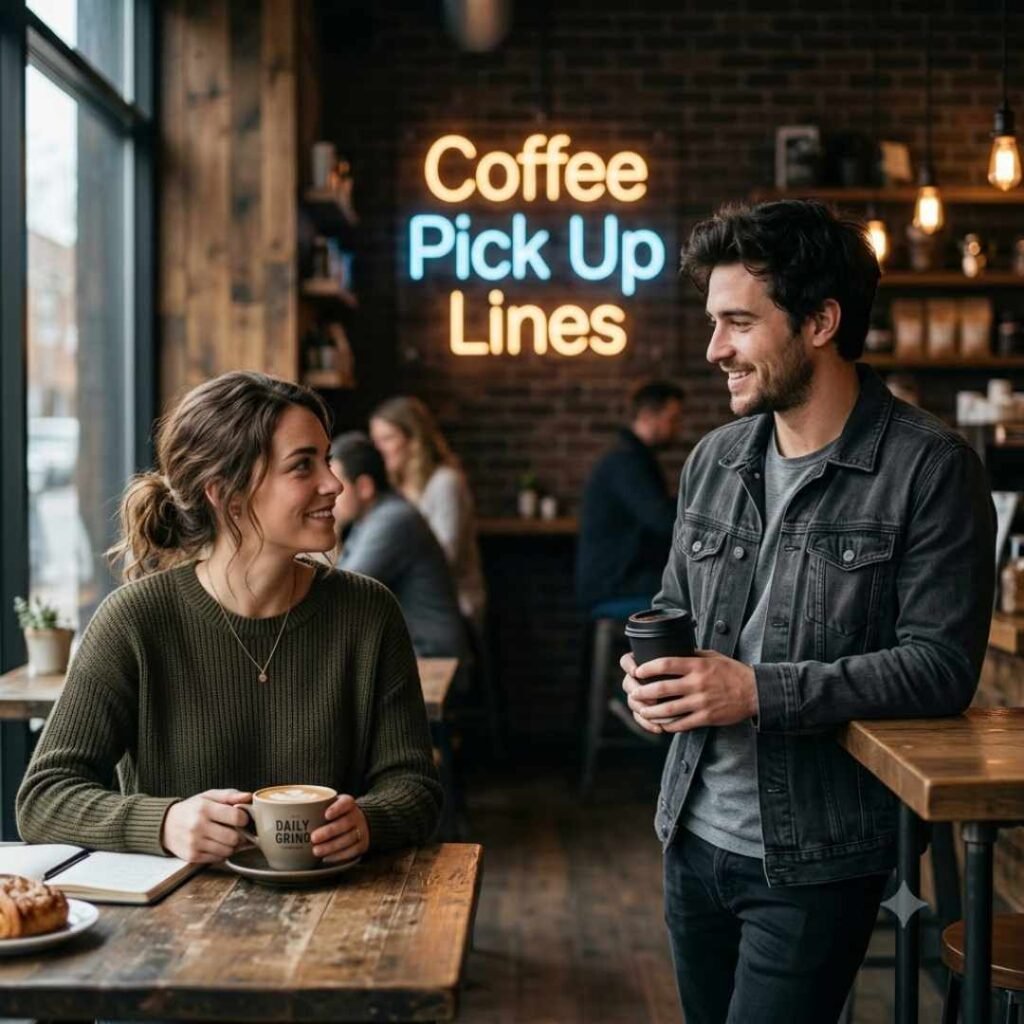 Man and woman flirting using coffee pick up lines under a neon cafe sign