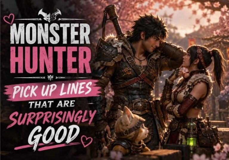Monster Hunter Pick Up Lines That Are Surprisingly Good featuring a fantasy hunter with a giant sword, fierce dragon, and epic adventure-themed background.