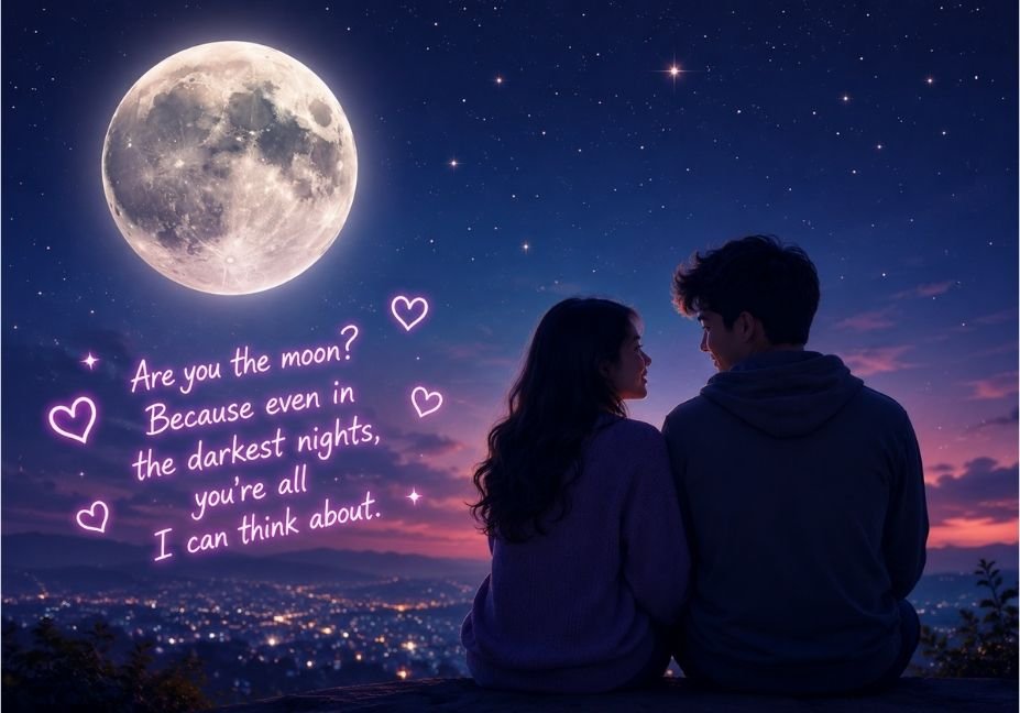 Moon pickup lines illustrated with a glowing full moon, romantic couple under a starry night sky, and a dreamy love-themed atmosphere perfect for a moon pickup lines blog post.