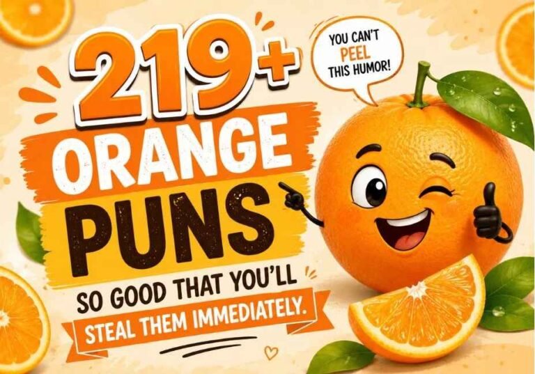 Orange Puns collection image displaying a happy orange mascot, juicy orange slices, and entertaining citrus jokes