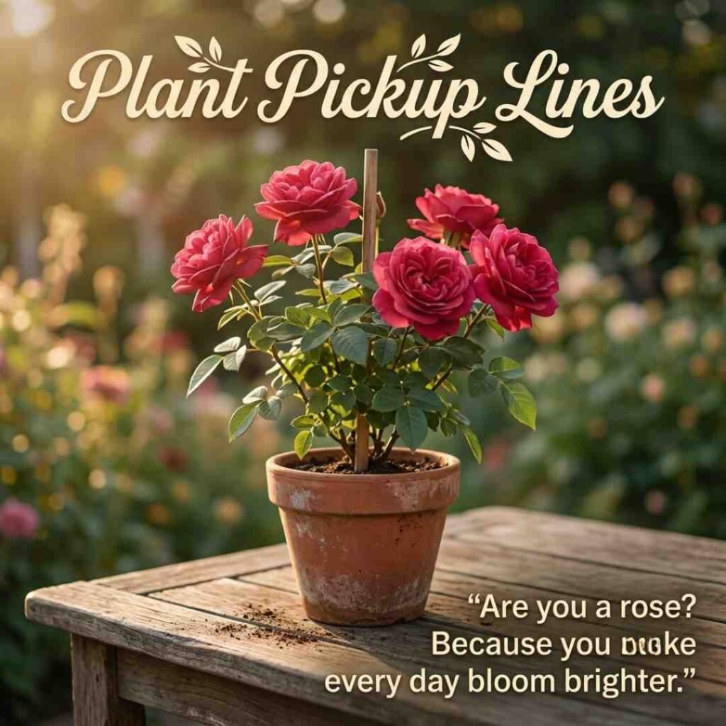 Plant Pickup Lines featured with a blooming rose in warm garden sunlight and a flirty gardening quote.