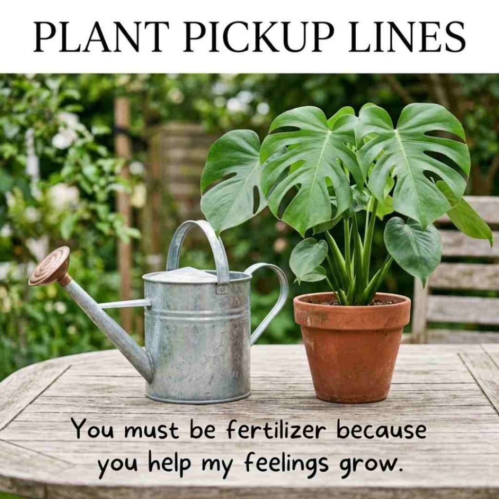 Healthy potted plant and watering can with a playful Plant Pickup Lines message in a bright garden setting.
