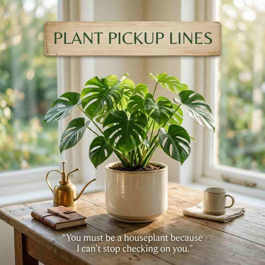 Best funny Plant Pickup Lines featured with a lush monstera plant and warm natural lighting.