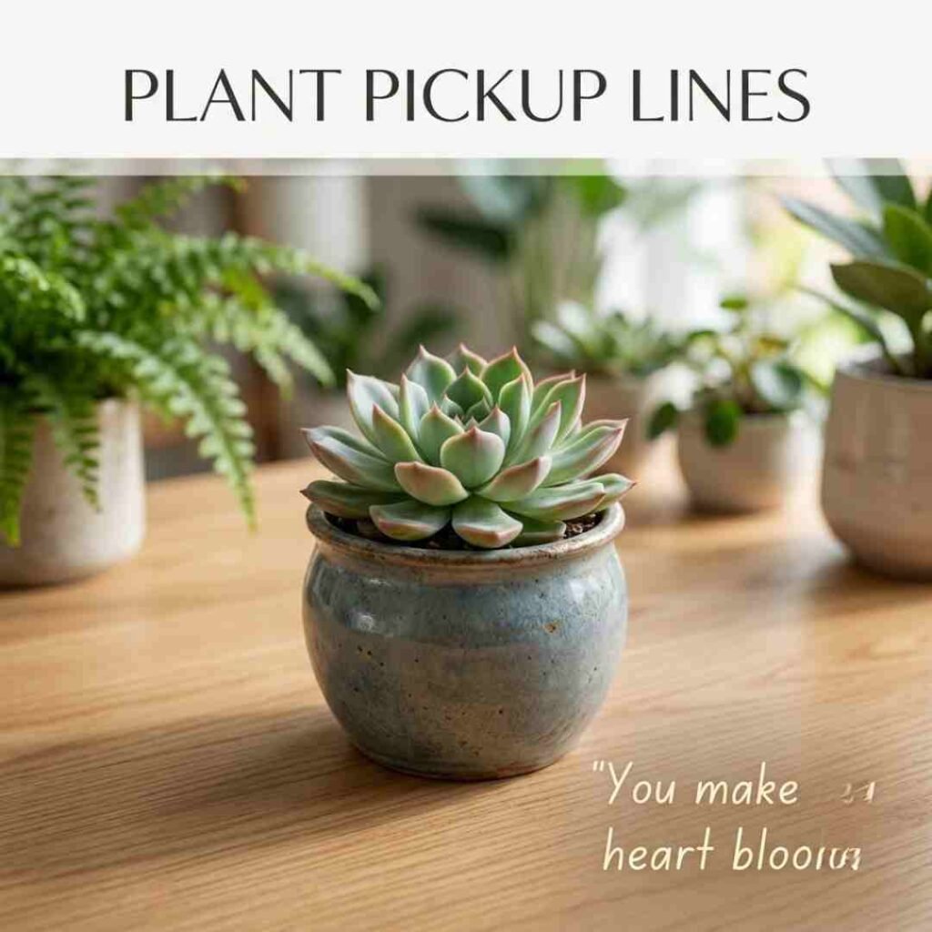 Plant Pickup Lines shown with a small succulent and a sweet gardening quote in soft natural light.