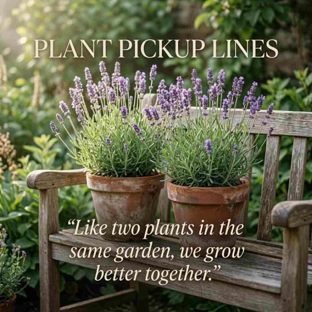 Romantic garden scene with lavender plants and Plant Pickup Lines displayed in natural morning light.
