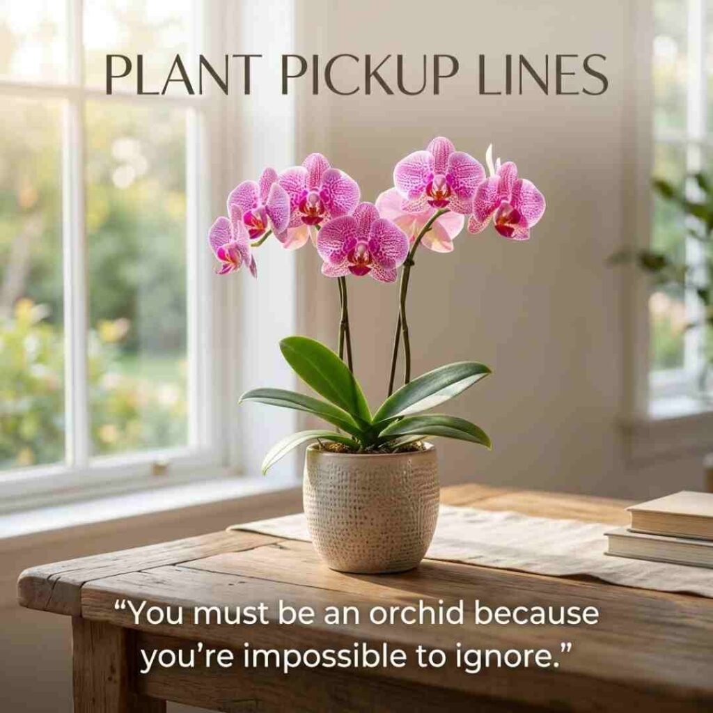 Funny Plant Pickup Lines displayed beside a beautiful orchid in bright natural window light.