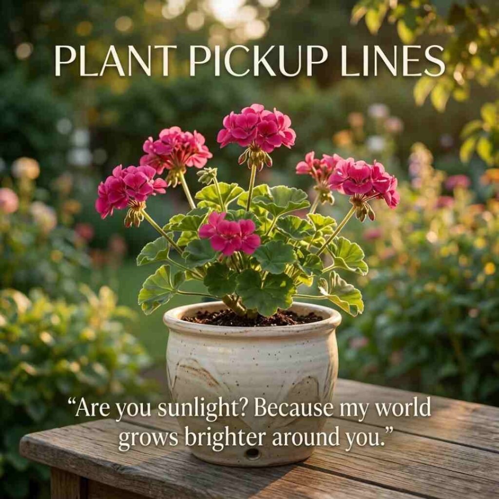 Pink flowering plant with a flirty quote and Plant Pickup Lines featured in warm sunlight.