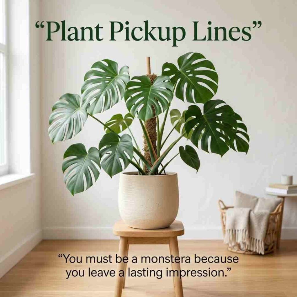 Modern monstera plant in a bright interior with clever Plant Pickup Lines typography.