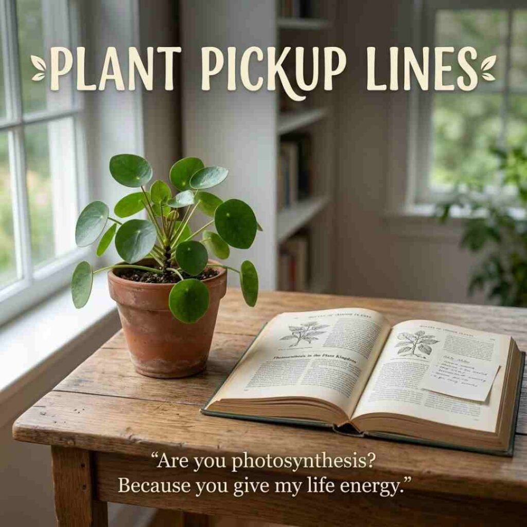 Nerdy study setup featuring a plant, botany book, and Plant Pickup Lines quote about photosynthesis.