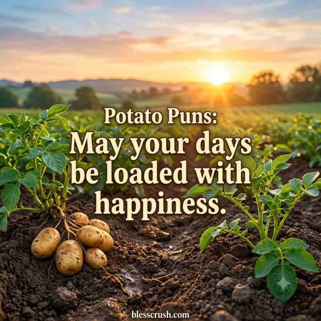Potato Puns friendship-themed image with adorable potato characters in an outdoor garden setting.
