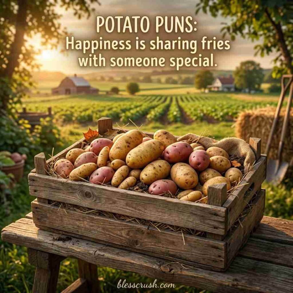 Potato Puns romantic image with heart-shaped potato arrangement and cozy rustic atmosphere.