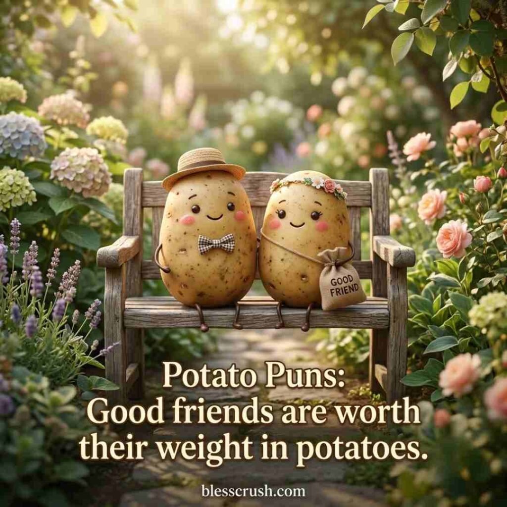 Potato Puns romantic image with heart-shaped potato arrangement and cozy rustic atmosphere.