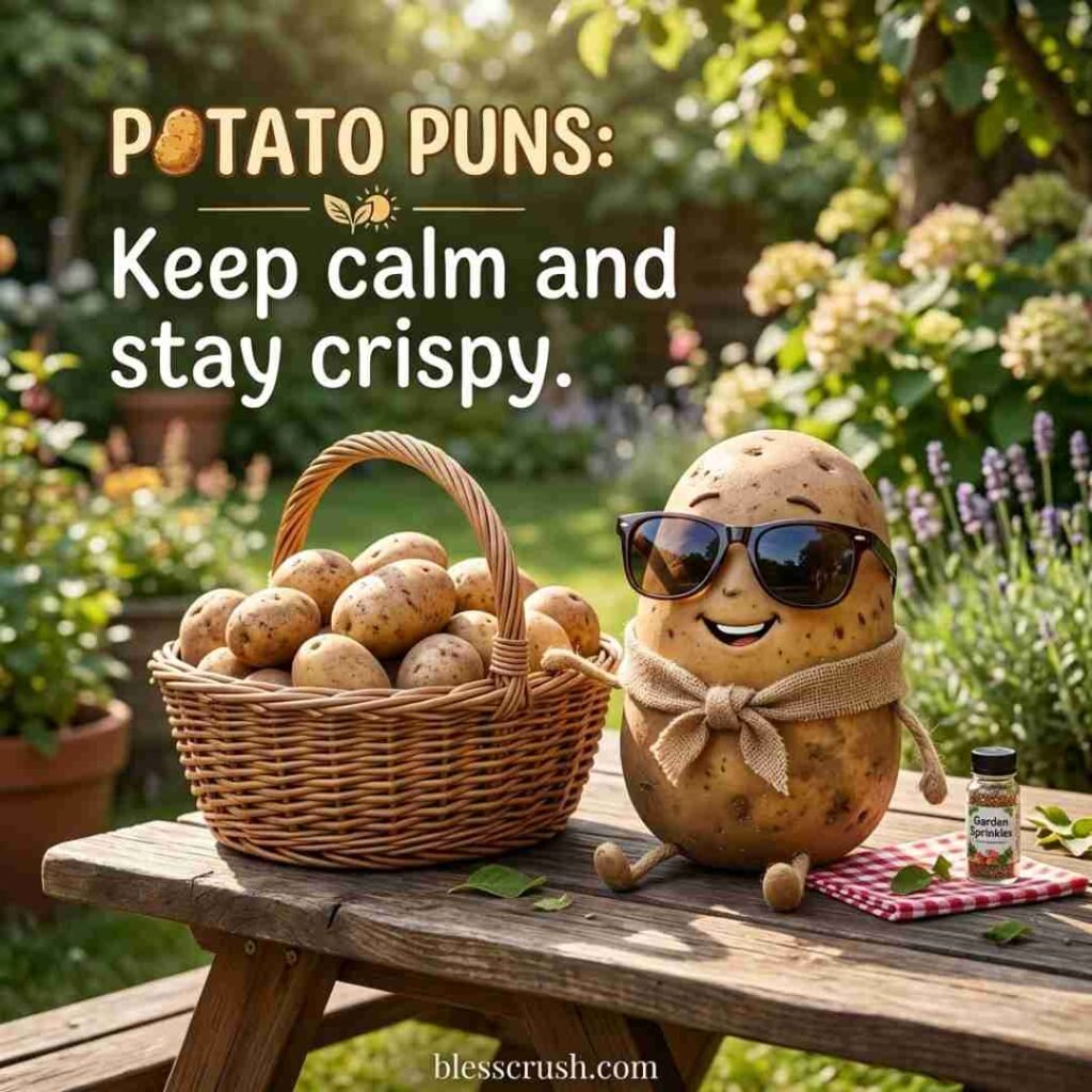 Potato Puns funny potato character image with sunglasses and positive quote.