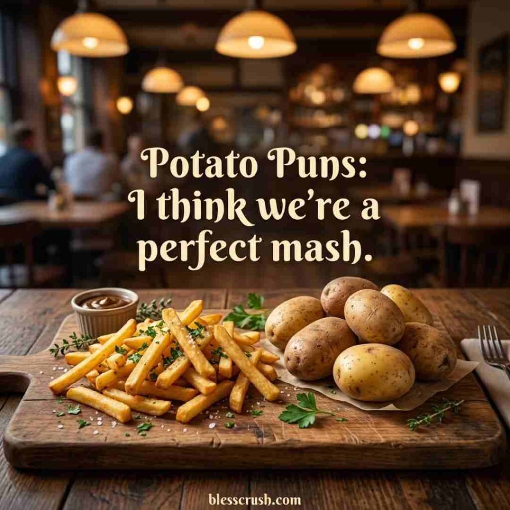 Potato Puns humor image featuring crispy fries and fresh potatoes on a wooden serving board.