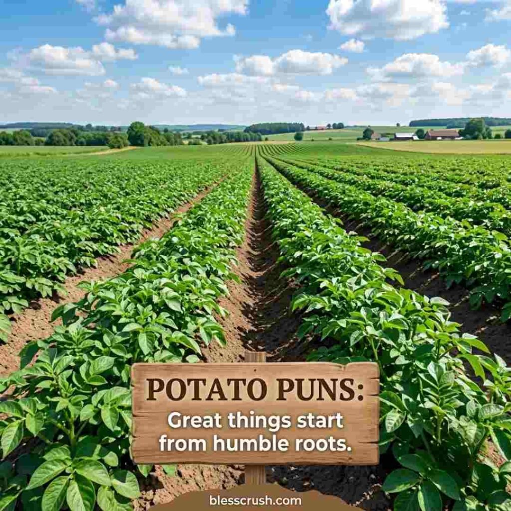 Potato Puns countryside harvest image featuring freshly picked potatoes and heartwarming message.