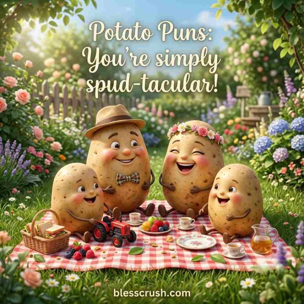 Potato Puns pickup line image with cute potato character and romantic farmhouse kitchen scene.
