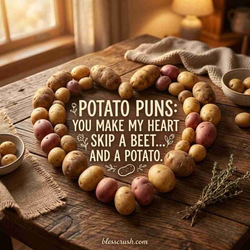 Potato Puns romantic image with heart-shaped potato arrangement and cozy rustic atmosphere.
