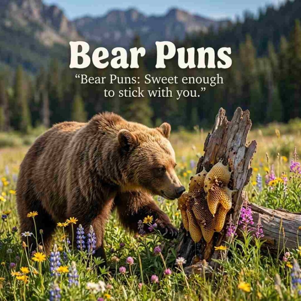 Wildflower meadow scene with honeycomb, a realistic bear, and sweet bear puns displayed in a professional photography-style image.