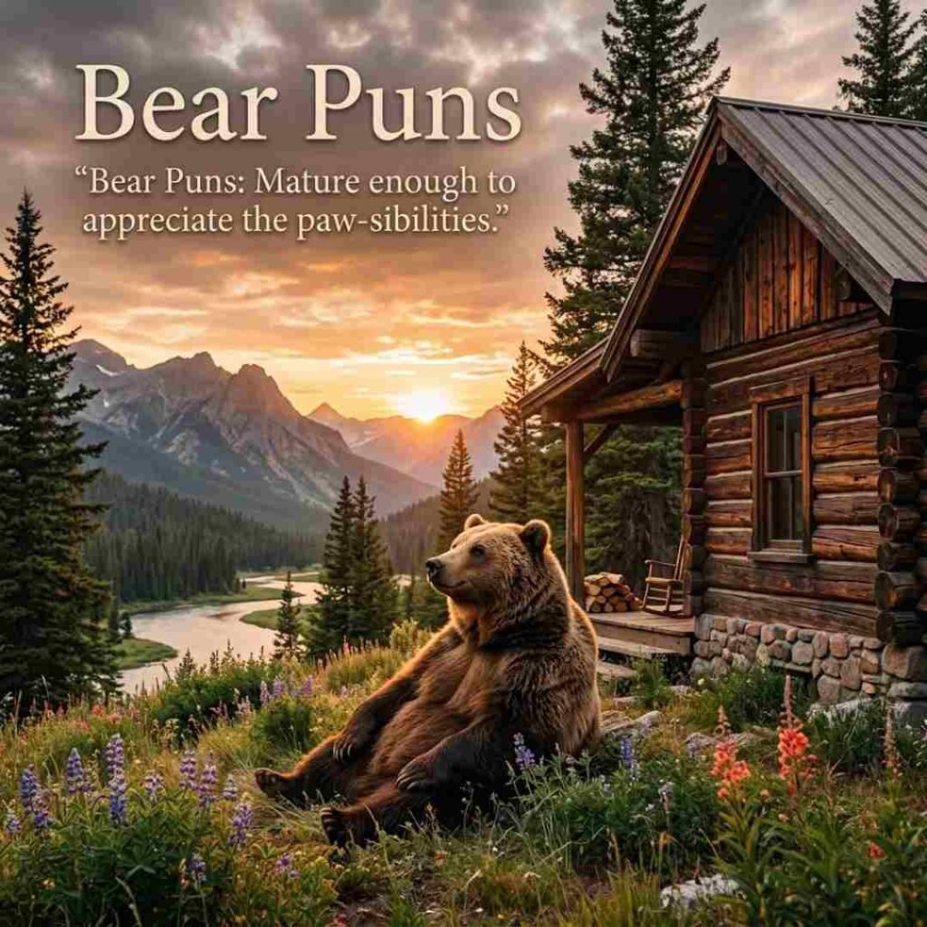 A realistic grizzly bear near a mountain cabin at sunset with bear puns typography and a humorous quote for adult readers.