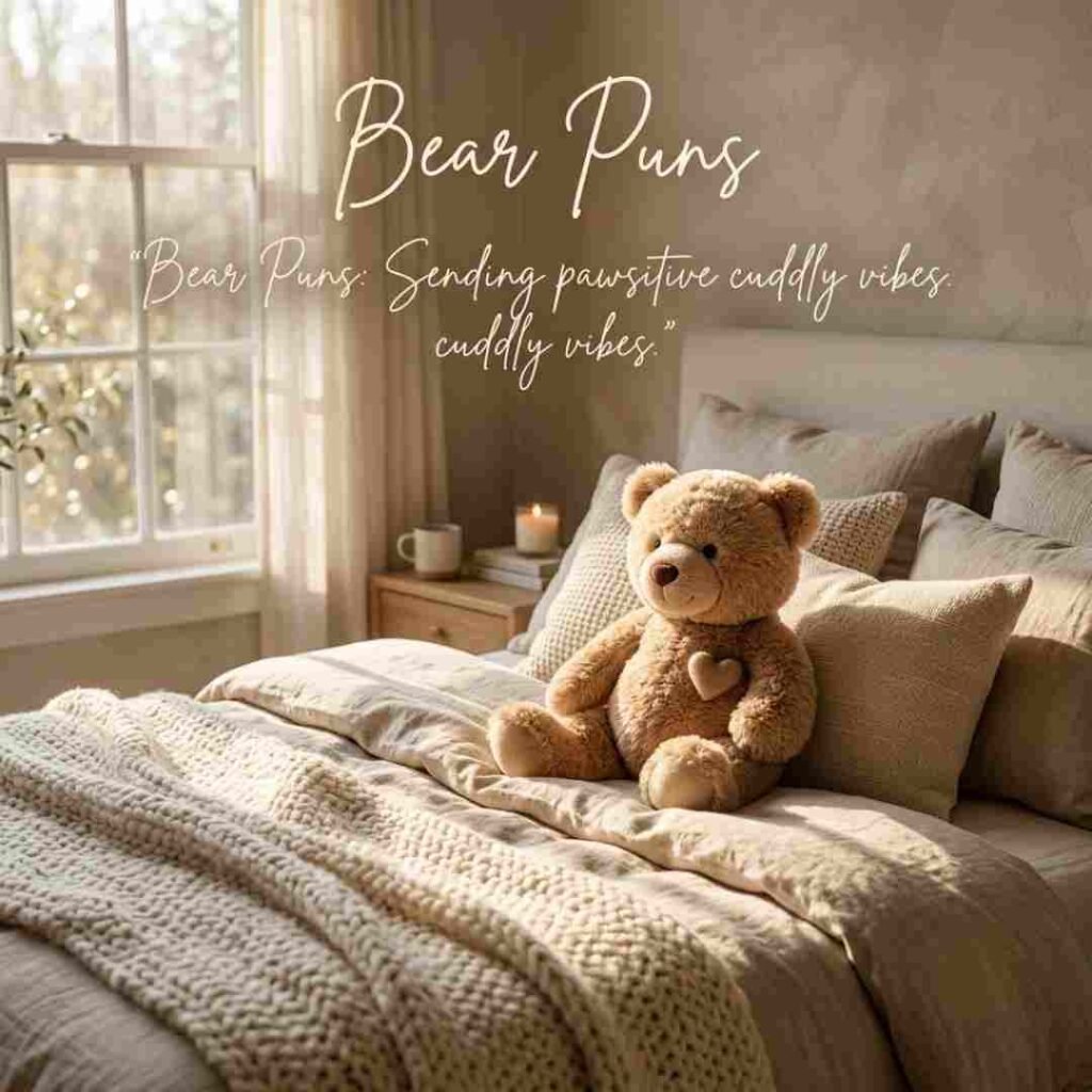 Polar bear crossing snowy Arctic terrain with bear puns text and cool winter-themed humor in a realistic photography setting.