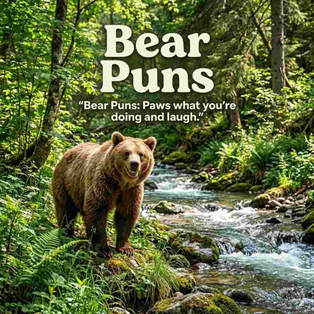 Realistic forest stream scene featuring a brown bear and funny bear puns caption text designed for social media sharing and blog content.