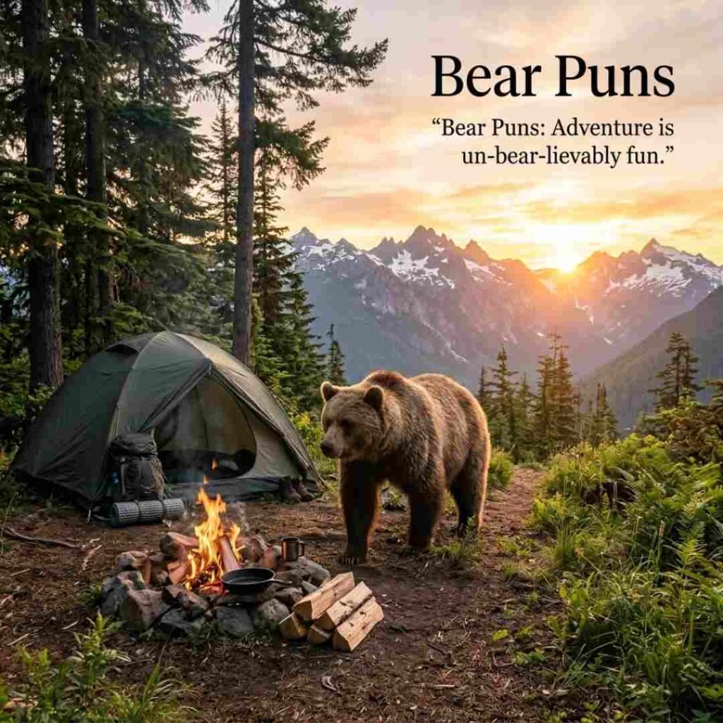 Cozy teddy bear photography image with warm indoor lighting and bear puns quote perfect for social sharing and blog visuals.
