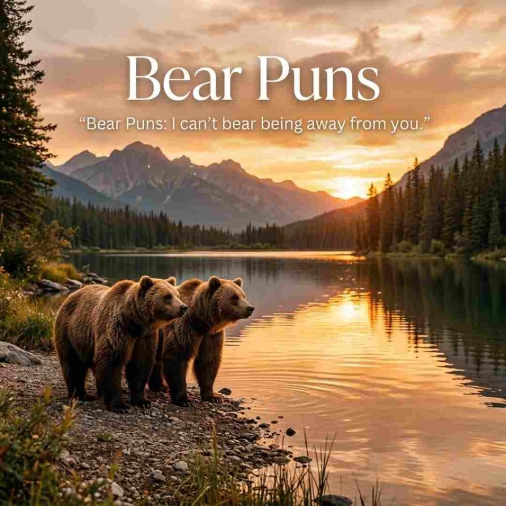 Bear puns displayed in a realistic camping scene with a forest campsite, mountains, and a wildlife-inspired outdoor adventure theme.