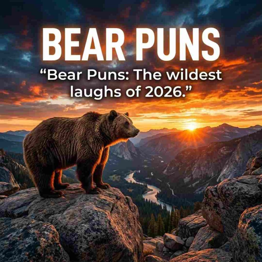 Lakeside sunset image with two realistic bears and bear puns quote creating a warm and playful nature-inspired scene.