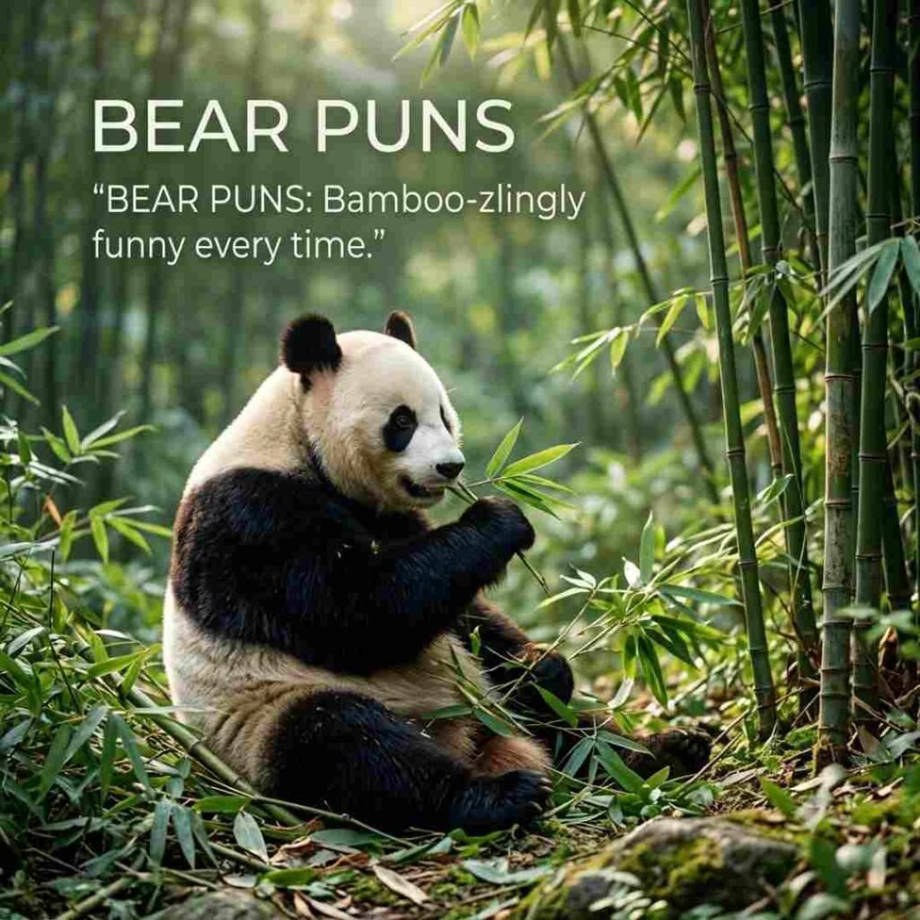 Exclusive panda-themed bear puns image featuring a realistic panda in a bamboo forest with professional wildlife photography styling.