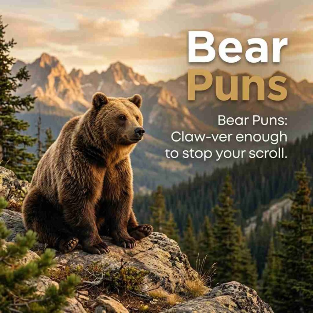 Bear puns featured in a realistic mountain-view wildlife photo with a brown bear, golden-hour lighting, and an Instagram-worthy nature backdrop.