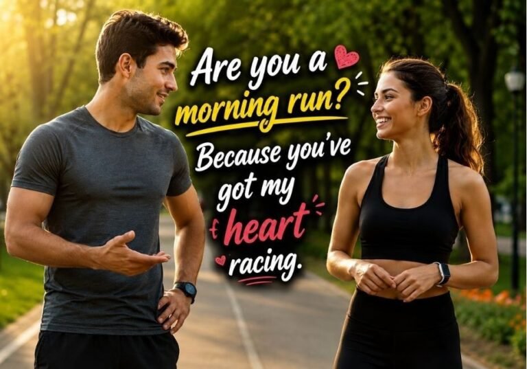 Runner Jogger Pick Up Lines featured image showing a smiling man and woman jogging in a scenic park with the romantic pickup line 'Are you a morning run? Because you've got my heart racing' in bold text.