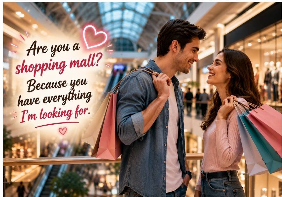 Romantic couple smiling and flirting while shopping in a modern shopping mall with the pickup line 'Are you a shopping mall? Because you have everything I'm looking for' displayed in stylish text, representing shopping mall pickup lines.