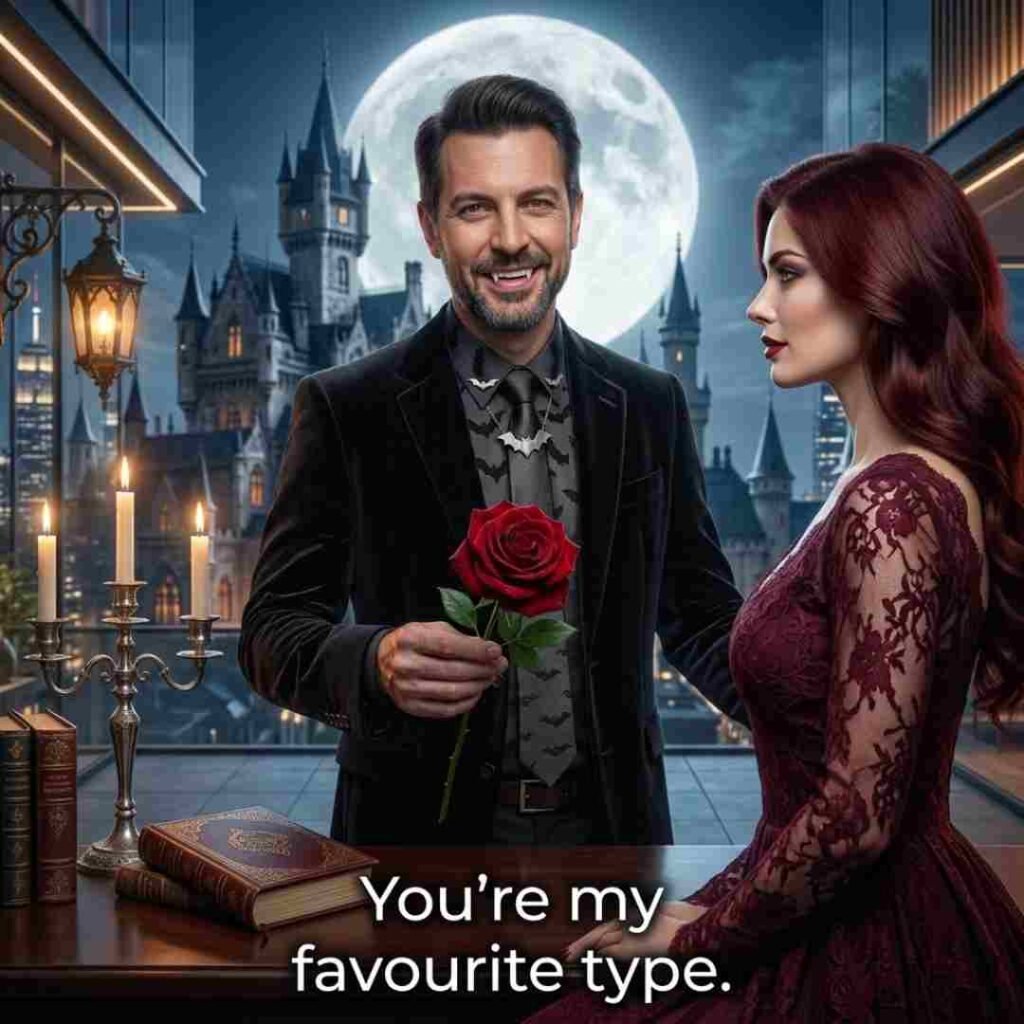 A romantic portrait of a handsome male vampire on a gothic balcony holding up a single red rose, with old books and candles on a desk and a castle background, with the script caption: "You're my favourite type."