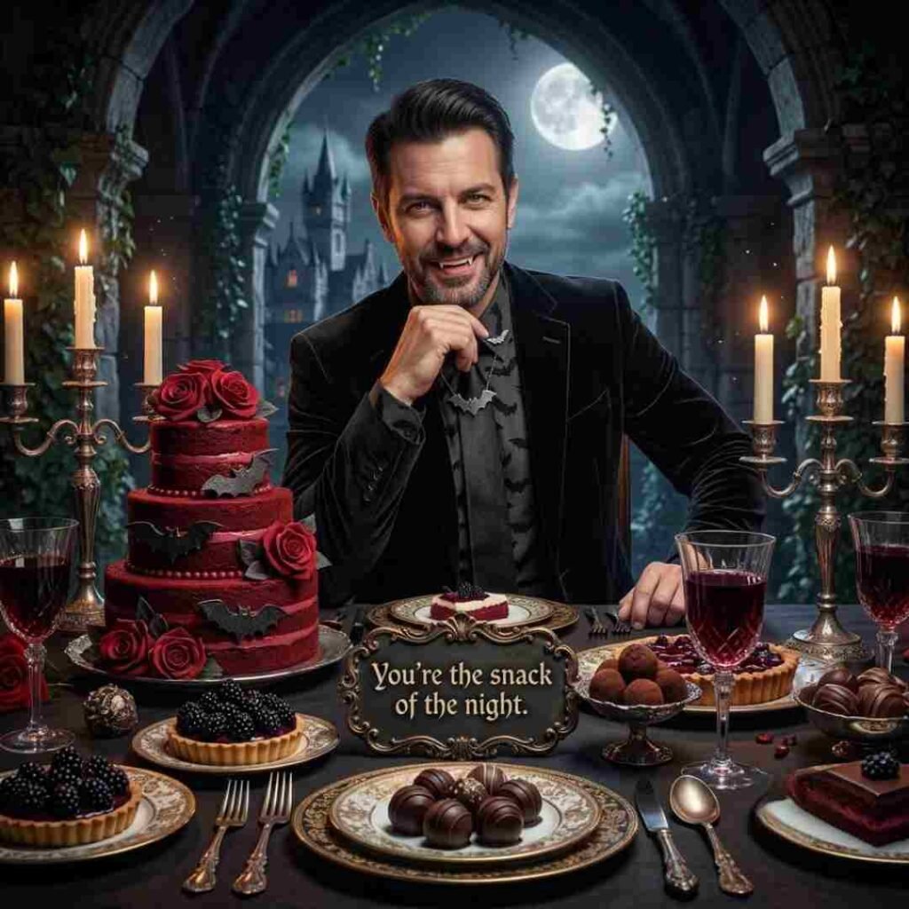 A vampire man in a velvet suit, seated at a beautifully decorated gothic table with cake and truffles, with a plaque displaying the humorous text: "You're the snack of the night."