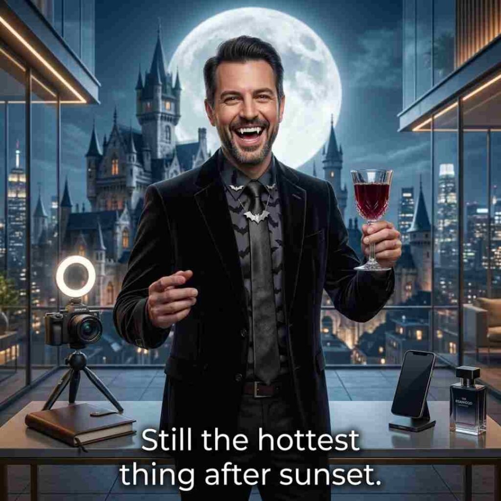 A friendly suburban vampire dad with fangs and a beard, wearing a velvet suit and bat tie, smiling while holding tongs at a barbecue grill with glowing pumpkins and a house in the background.
