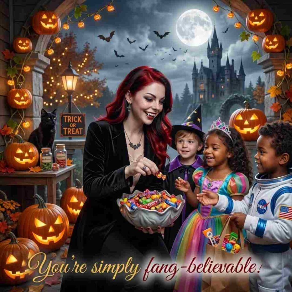 A wholesome, realistic Halloween scene showing a playful vampire handing out wrapped candies from a silver bowl to three children in a princess, wizard, and astronaut costume, surrounded by festive pumpkin decorations.