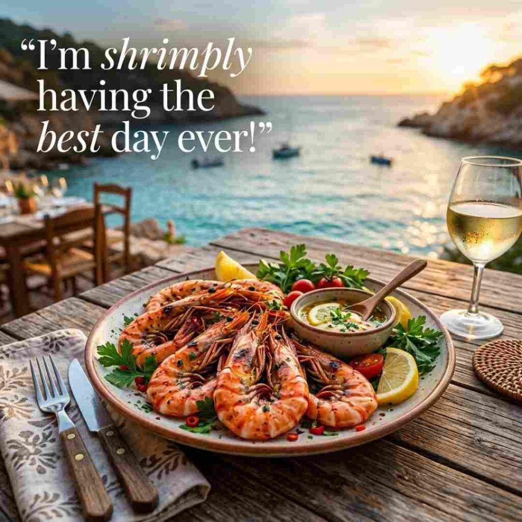 Funny shrimp puns caption image featuring a seafood platter by the ocean with the quote I'm shrimply having the best day ever, perfect for shrimp puns, funny seafood captions, and social media humor.